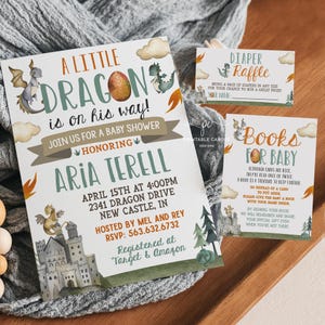 Invitación editable para baby shower con temática de dragones, plantilla para niño, libro para rifa de pañales, tarjetas, invitación imprimible, descarga instantánea