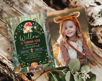 Editable Enchanted Forest Birthday Invitations Woodland Fairy Party Invite Girl Mushroom Fox Photo Template Printable EFMT