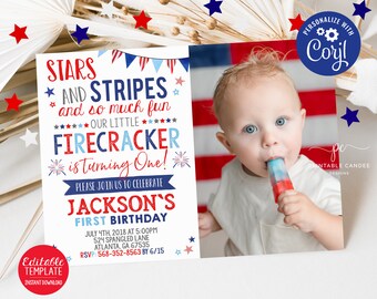 4th of July 1st Birthday Invitation Firecracker Patriotic Stars Stripes American First Editable Photo Template Download Printable