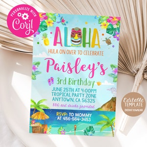 Luau Invitation Editable Beach Birthday Party Luau Invite Tropical Summer Theme Instant Download Template