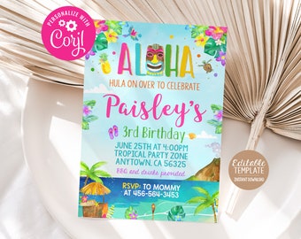 May include: A colorful invitation for a luau themed birthday party. The invitation features a tropical scene with palm trees, flowers, and a tiki mask. The text on the invitation reads "Aloha! Hula on over to celebrate Paisley's 3rd Birthday. June 25th at 4:00pm Tropical Party Zone Anytown, CA 56325 BBQ and drinks provided RSVP: To Mommy at 456-564-3453".