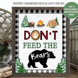 Camping Don&#39;t Feed the Bears Sign Party Decor Lumberjack One happy Camper Black Plaid Birthday Party Printables Instant Download