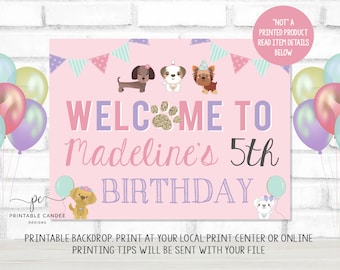 Girl Dog Party Backdrop Pink Puppy Theme Birthday Decor Background Pawty Poster Printable Banner