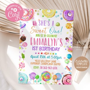 Candy 1st Birthday Invitation Lollipop Donut Sweet One Celebration Template Girl Sweet Shop Template Instant Download