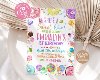 May include: A printable birthday invitation with a candy theme. The invitation features a colourful background with doughnuts, lollipops, and ice cream cones. The text on the invitation reads "She's a Sweet One!" and includes the birthday girl's name, date, time, and RSVP information.