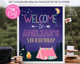 Camping Welcome Sign Editable Bonfire Girl Birthday Camp Party Decor Backyard Glamping Sleepover Theme Printable