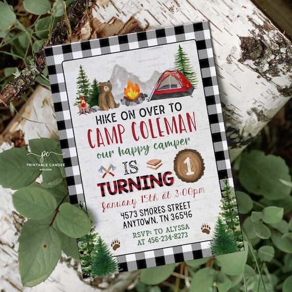 Camping Party Invitation Template Bear Lumberjack Birthday Invite Printable BWPC