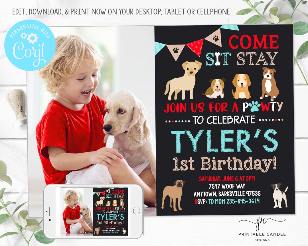 Dog Birthday Party Invitation Boy Puppy Pet Invite Theme Printable File ...