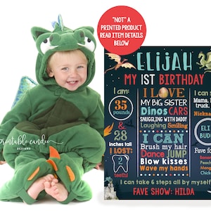 Dragon 1st Birthday Chalkboard Sign Dragon Birthday Decor Milestone Poster Stats Sign Custom Board Printable File