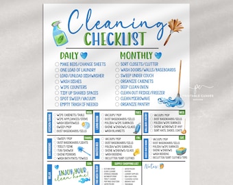 May include: A cleaning checklist printable with daily, weekly, and monthly tasks. The checklist includes tasks for the kitchen, bathrooms, living room, and bedrooms. The text includes a supply shopping list and notes section.