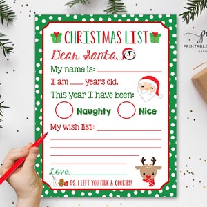 Carta de Papá Noel Lista de deseos de Navidad Lista de Navidad para niños Descarga instantánea Dear Santa Carta navideña imprimible