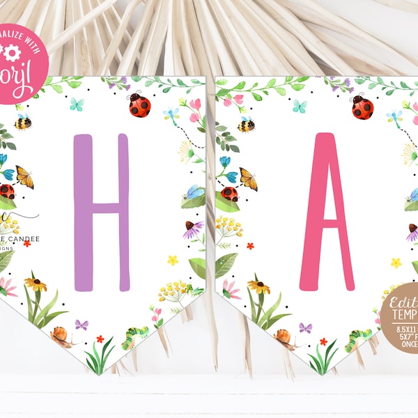 Girl Bug Flag Banner Editable Party Flags Pink Bugs Butterfly Theme Decor Flags Template Printable