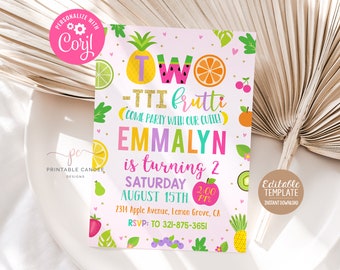 May include: A colorful birthday party invitation with a pink background and fruit illustrations. The text reads "Two-tti Frutti" and "Come party with our cutie! Emmalyn is turning 2". Includes the date, time, and location.