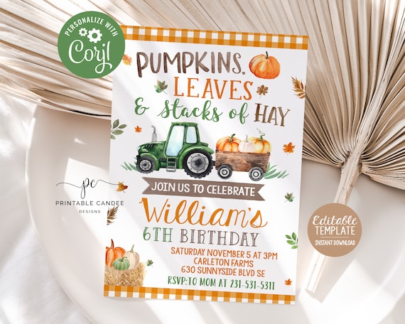Editable Pumpkin Birthday Invitation Boy Fall Boy Pumpkin Tractor Party Invite Orange Green Instant Download Template