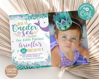 Mermaid 1st Birthday Invitation Purple Teal Gold Party Theme Mermaids First Photo Invite Instant Download Editable File Printable