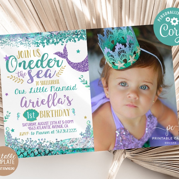 Mermaid 1st Birthday Invitation Purple Teal Gold Party Theme Mermaids First Photo Invite Instant Download Editable File Printable
