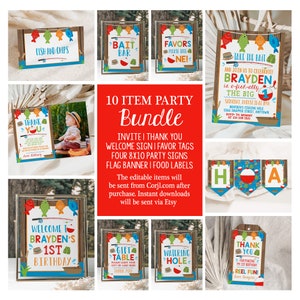 Editable Fishing 1st Birthday Party Invitation Bundle The Big One Party Decor Supplies Fish Printable Package Template TTBF