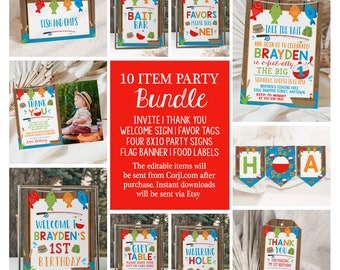 Editable Fishing 1st Birthday Party Invitation Bundle The Big One Party Decor Supplies Fish Printable Package Template TTBF