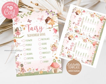 May include: A pink and green printable fairy scavenger hunt game with a checklist of items to find, including a flower, pebble, moss, acorn, crystal, leaf, necklace, geode, twig, bracelet, key, and candy. The game features illustrations of fairies, butterflies, and flowers.