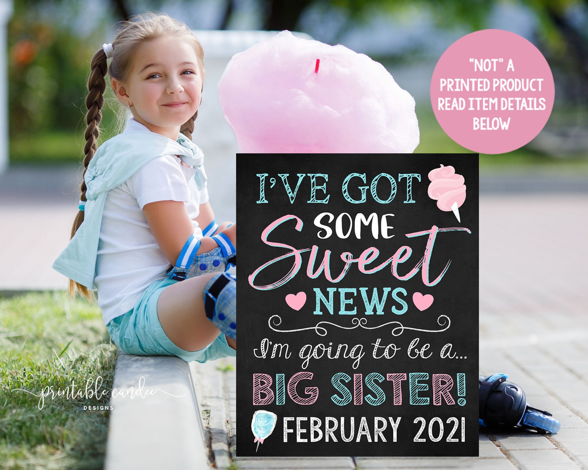 Cotton Candy Big Sister Pregnancy Announcement Summer Carnival Pink Blue Photoshoot Prop Promoted Sign Chalkboard Printable File Etsy