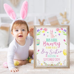 Letrero de anuncio de embarazo de hermana mayor de Pascua, póster imprimible de conejita pastel que fue ascendida a hermana mayor