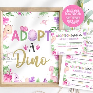 Estación de adopción de dinosaurios signo niña Dinos tema fiesta de cumpleaños adoptar un signo de Dino tarjetas rosa bebé decoración descarga instantánea archivo imprimible