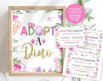 Dinosaur Adoption Station Sign Girl Dinos Birthday Party Theme Adopt a Dino sign Cards Pink Baby Decor Instant Download Printable File