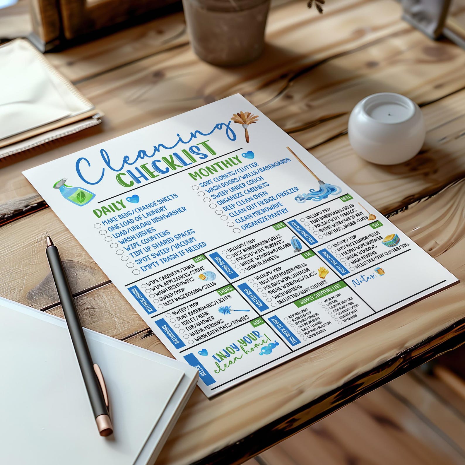 Daily, Weekly, Monthly Cleaning Checklist Schedule Printable To-do List ...