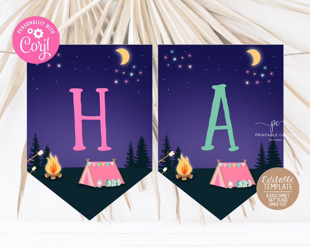 Girl Camping Party Flags Editable Flag Banner Sleepover Party Glamping ...