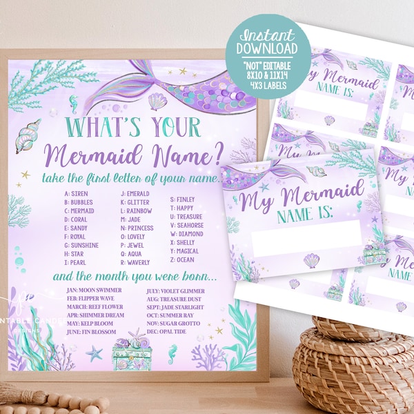 Mermaid Name Game Purple Teal Gold Birthday Party Theme Favors Mermaids Decor Instant Download Printable 35421