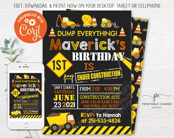 May include: A black and yellow construction-themed birthday invitation for a 1st birthday party. The invitation features a yellow dump truck, a yellow construction sign with the text "1st", and the text "Maverick's 1st Birthday is Under Construction". The invitation also includes the date and time of the party, the location, and the RSVP information.