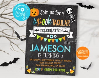 May include: A black and white chalkboard style Halloween party invitation with a skeleton, pumpkin, and candy. The text reads "Join us for a Spooktacular Celebration Jameson is turning 3. Saturday, September 29th at 4:00pm 6265 Escena Street San Bernardino, CA 92407 RSVP: (909) 913-7755".