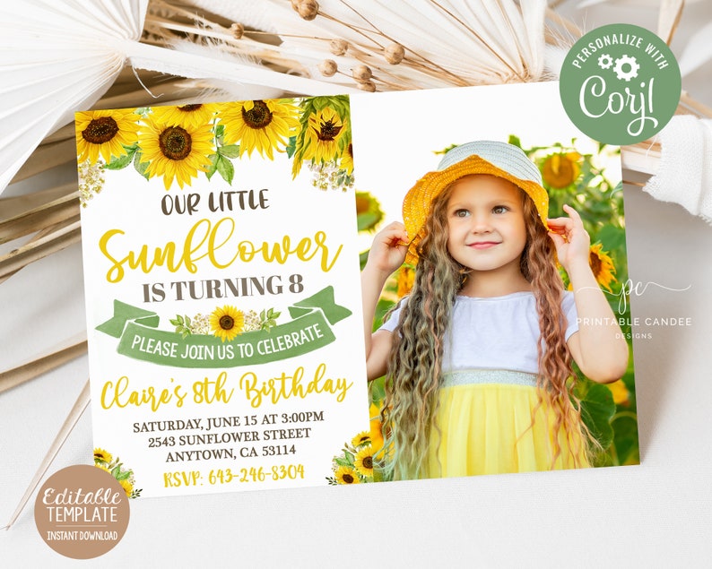 Sunflower Birthday Invitation Floral Party Invite Summer Sunflowers Yellow Rustic Theme Instant download Template