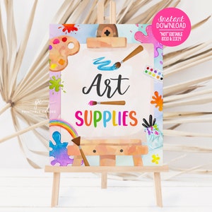 Art Birthday Painting Art Supplies Station Sign Painting Party Decor Rainbow Artist Theme Easel Watercolor Digital Download Printable APG1