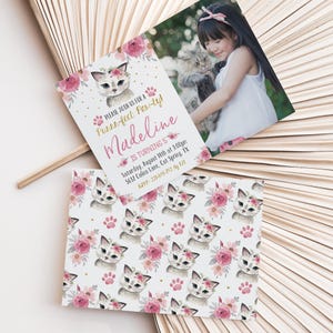 May include: A pink and white invitation with a cat illustration and floral accents. The invitation reads "Please join us for a Purrn-fect Paw-ty! Madeline is turning 5 Saturday, August 14th at 3:00pm 5632 Calico Lane, Cat Spring, TX RSVP: 231-699-792 by E"