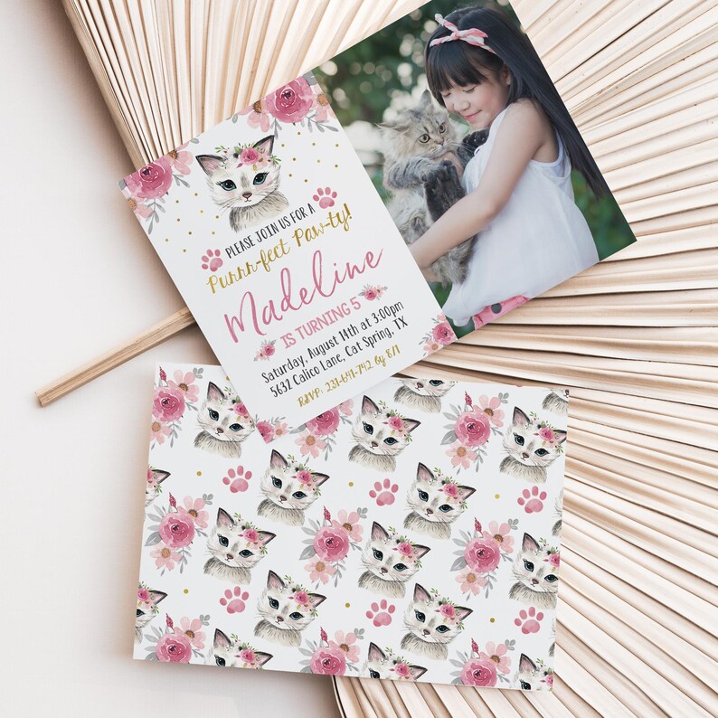 May include: A pink and white invitation with a cat illustration and floral accents. The invitation reads "Please join us for a Purrn-fect Paw-ty! Madeline is turning 5 Saturday, August 14th at 3:00pm 5632 Calico Lane, Cat Spring, TX RSVP: 231-699-792 by E"