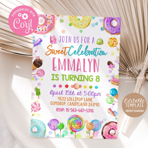 Candy Birthday Invitation Lollipop Donut Sweet Celebration Template Girl Sweet Shop Template Instant Download