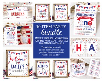 4th of July 1st Birthday Party Bundle Red White Blue Patriotic Stars Stripes Party Signs Decor Favors Printable Package Instant Download