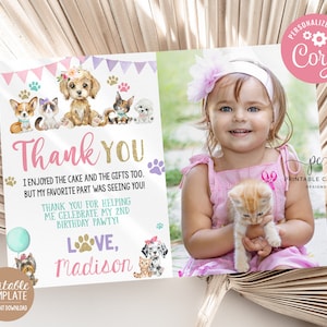 Editable Girl Puppy Kitten Thank you Cat Dog Birthday Party Pink Watercolor Pet Theme Pawty Photo Template Printable