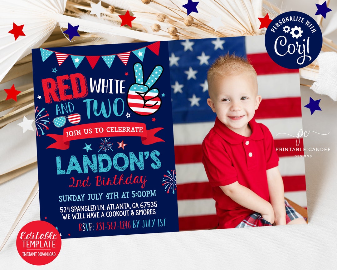 4th of July 2nd Birthday Invitation Red White and Two Patriotic Stars ...