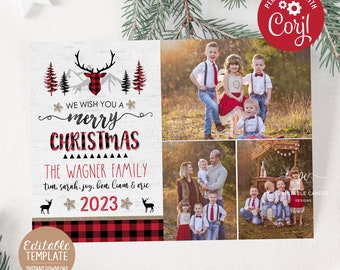 Editable Christmas Card Template Buffalo Plaid Deer Photo Card Country Rustic Holiday Theme Digital Printable File