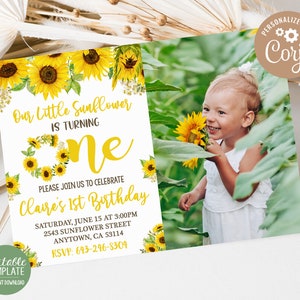 Sunflower 1st Birthday Invitation Floral Party Invite Summer Sunflowers Yellow Rustic Theme Instant download Template