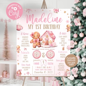 Editable Christmas Cookie Milestone Sign 1st Pink Gingerbread Birthday Party Decor Oh Snap Stats Sign Printable Instant Download