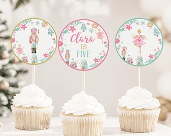 Editable Nutcracker Cupcake Toppers Winter Sugar Plum Fairy Party Girl Pink Printable Decor PNTO