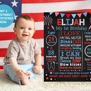 4th of July First Birthday Chalkboard Sign Red White Blue  Party Decor Flag Milestone Stats Sign Printable Digital