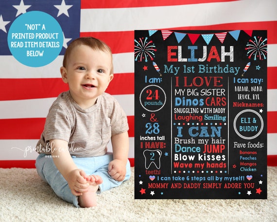 4th of July First Birthday Chalkboard Sign Red White Blue  Party Decor Flag Milestone Stats Sign Printable Digital