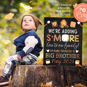 Big Brother or Sister Pregnancy Announcement Fall Camping Smores Editable Template Baby Photoshoot Chalkboard Sign Printable File