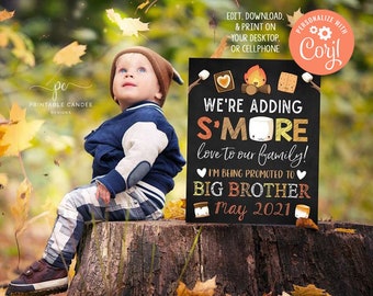 Big Brother or Sister Pregnancy Announcement Fall Camping Smores Editable Template Baby Photoshoot Chalkboard Sign Printable File