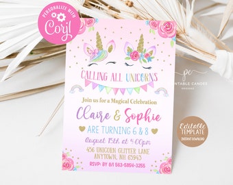 Unicorn Twin Invitation Sister Birthday Invite Party Theme Glitter Floral Template Instant Download Editable File Printable