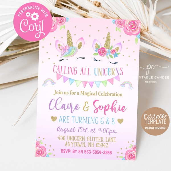 Unicorn Twin Invitation Sister Birthday Invite Party Theme Glitter Floral Template Instant Download Editable File Printable